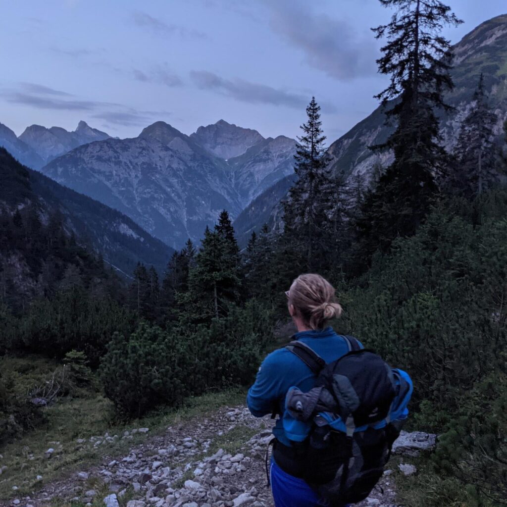 Ich, wie ich auf einer Wanderung vor den Alpen stehe